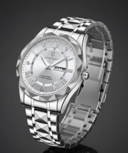 Elegant silver-tone wristwatch with diamonds