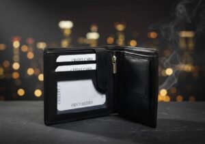 Black leather wallet with credit cards