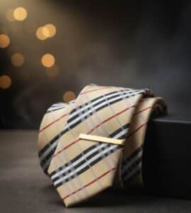 Beige plaid tie with gold clip