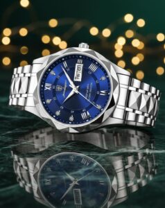 Man Silver tone watch with blue dial 