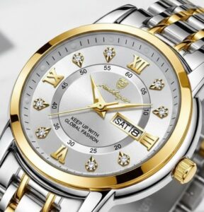 Women’s White Two-Tone Watch detail of white dial and mineral glass
