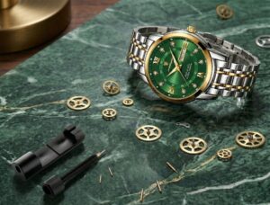 Women green watch with pin